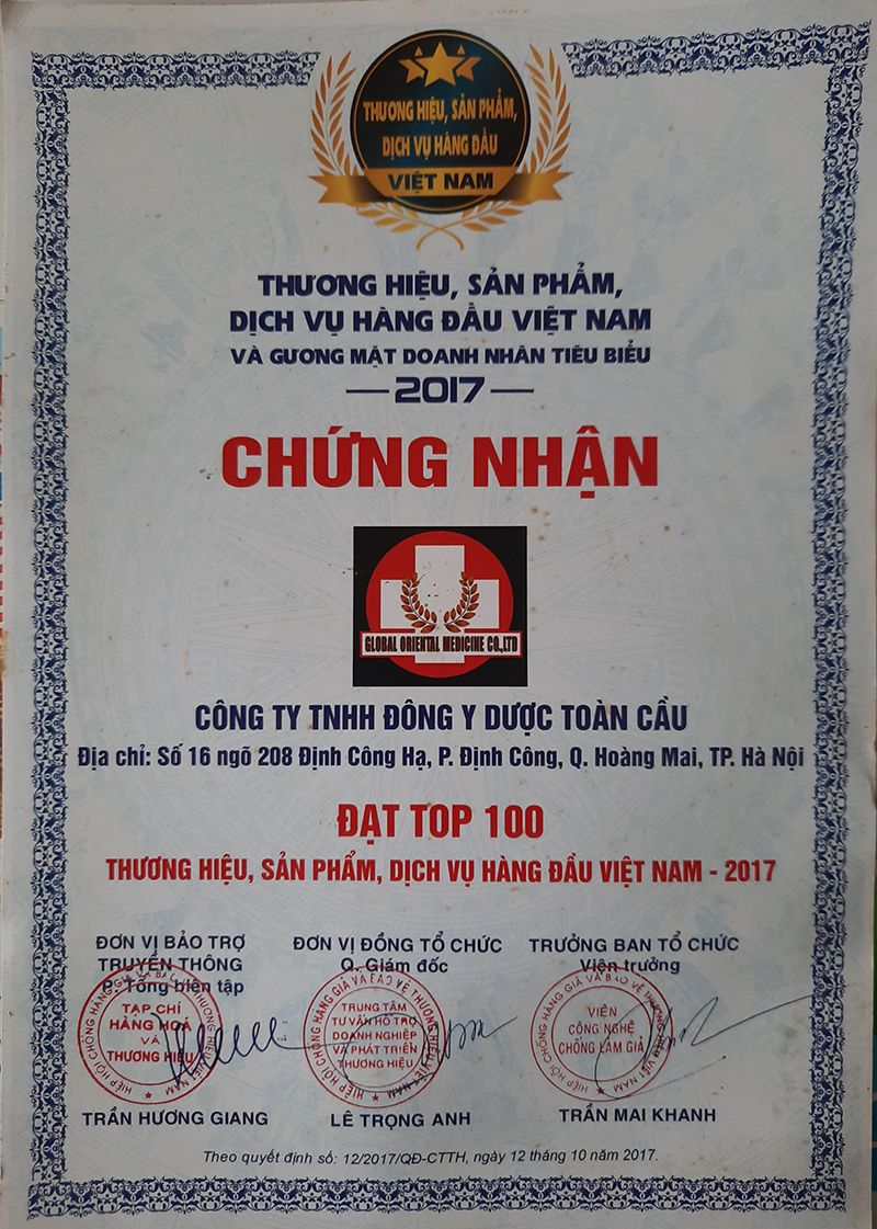 Đông y dược Toàn Cầu - TOP 100 Thương hiệu, Sản Phẩm, Dịch vụ hàng đầu Việt Nam 2017